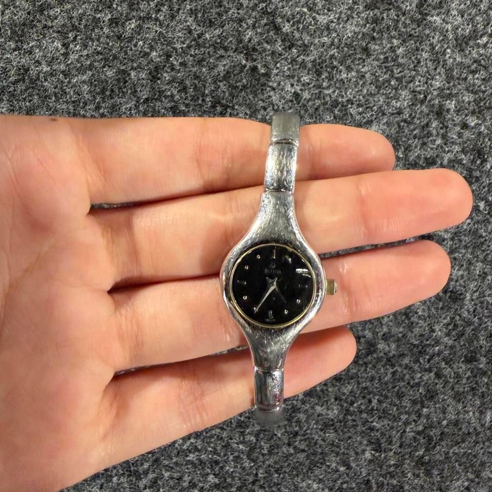 Bulova Womens Silver Tone Bracelet Watch Black Dial Analog A2 96L69 Vintage